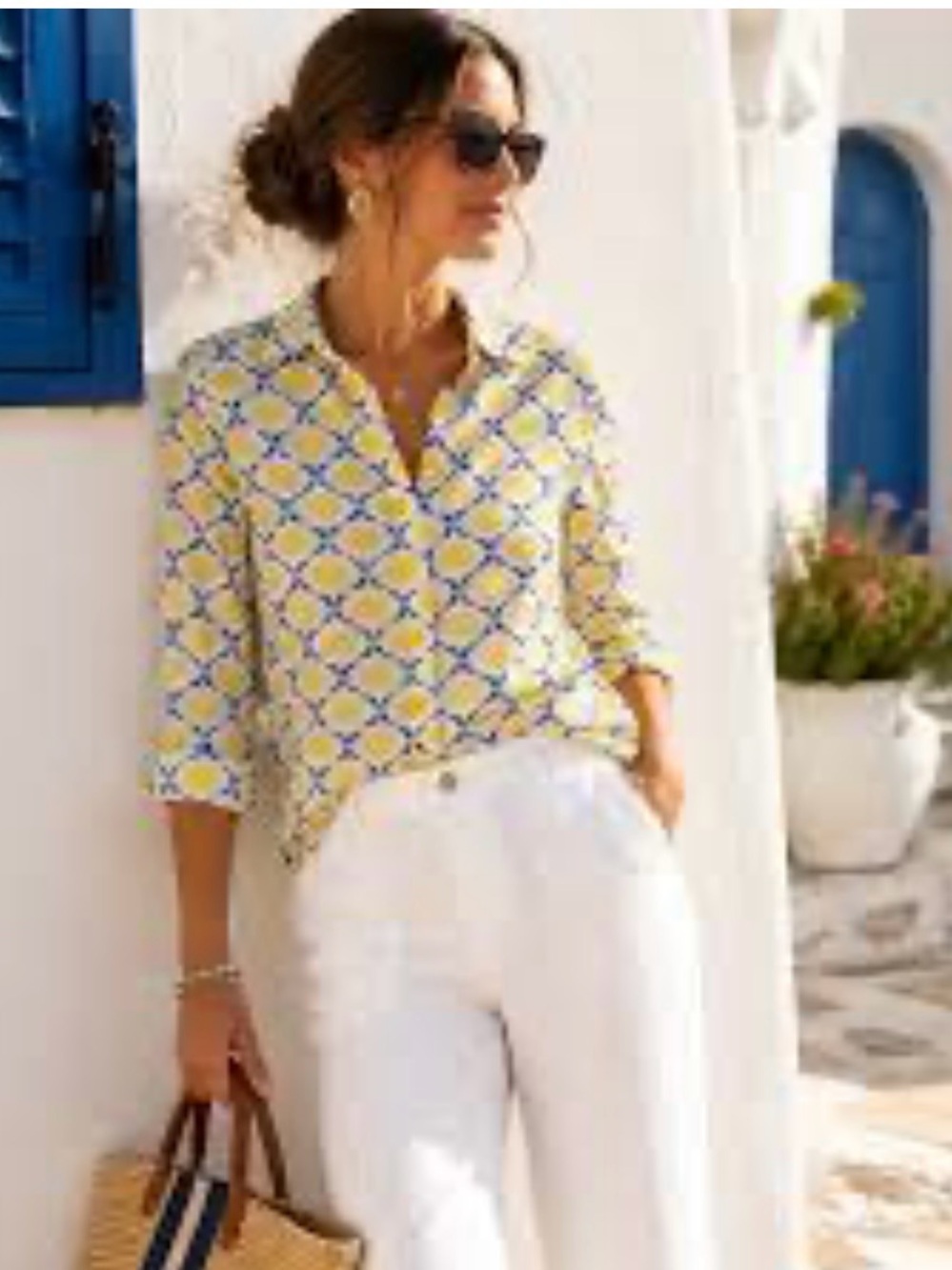 Talbots Geometric Button-Down Shirt Lightweight Cotton Tab Roll Up Long Sleeves